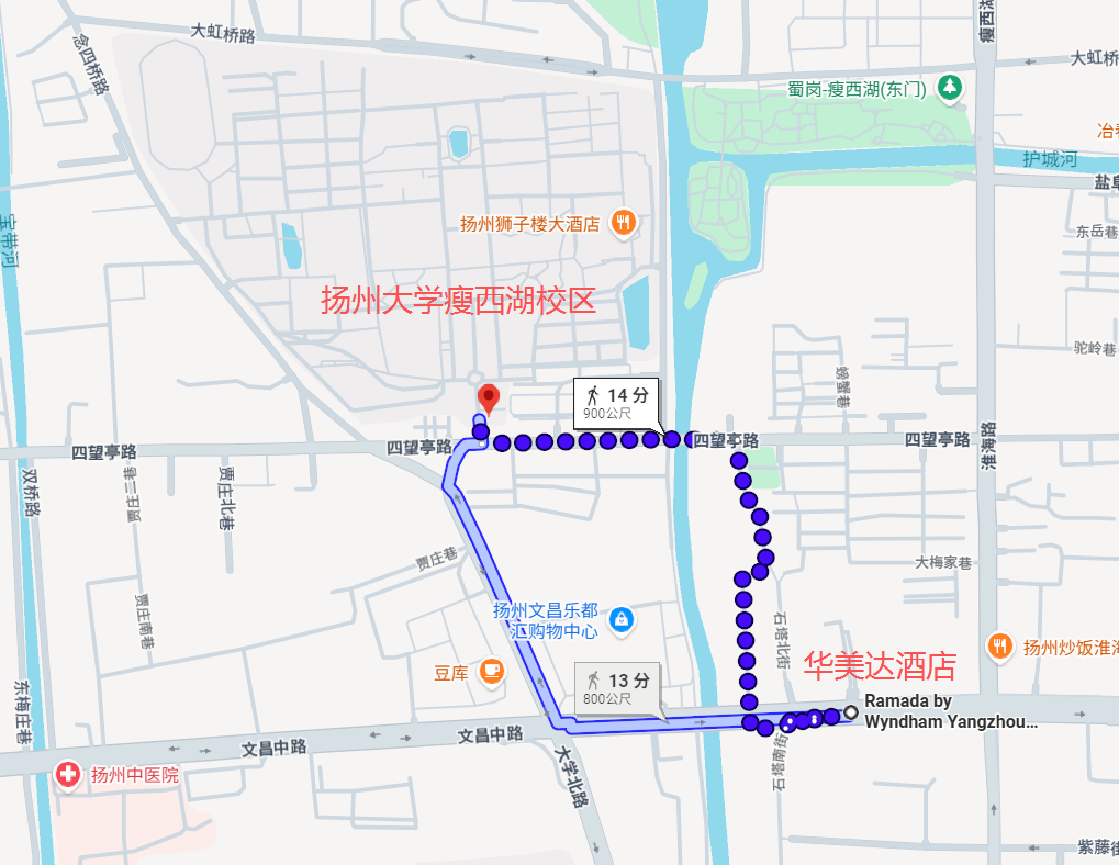 从华美达酒店到扬州大学瘦西湖校区的步行路线图